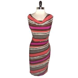 ANNE KLEIN Sz 14 Sheath Dress Brown Orange Purple Sleeveless Stretch Knee Length